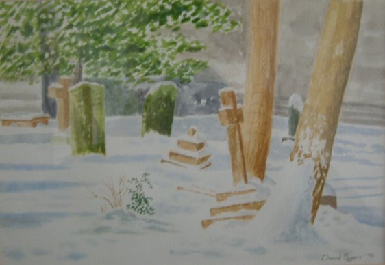 churchyard in snow painting