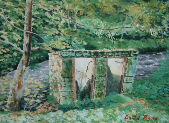 painting of Gibson Mill privies