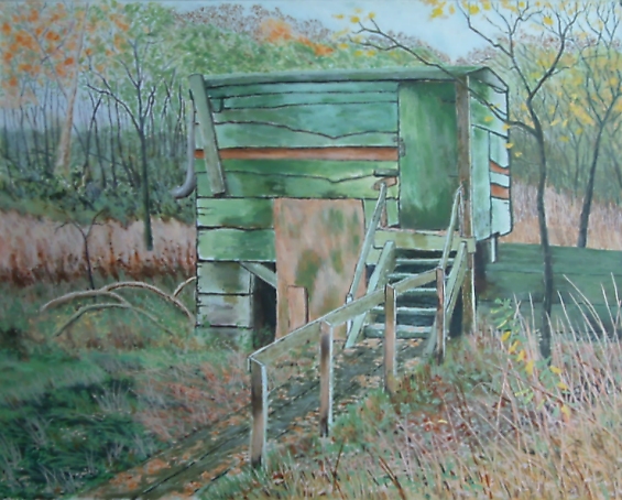 painting of old birdwatching hide